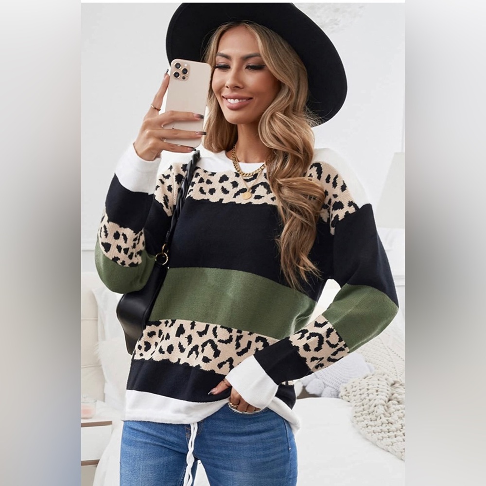 ❗️LAST CALL❗️Paitluc Green Striped Leopard Print Sweater - Picture 1 of 4